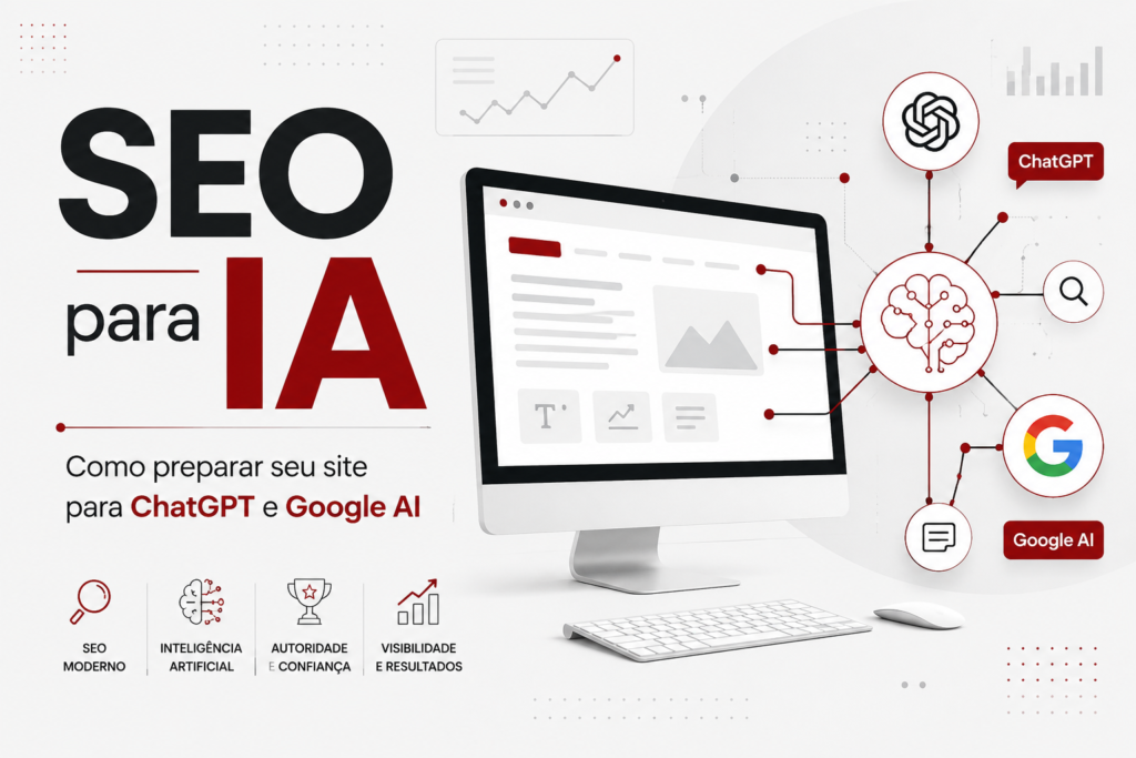 Ilustração mostrando um site sendo otimizado para mecanismos de busca baseados em inteligência artificial, incluindo ChatGPT e Google AI.